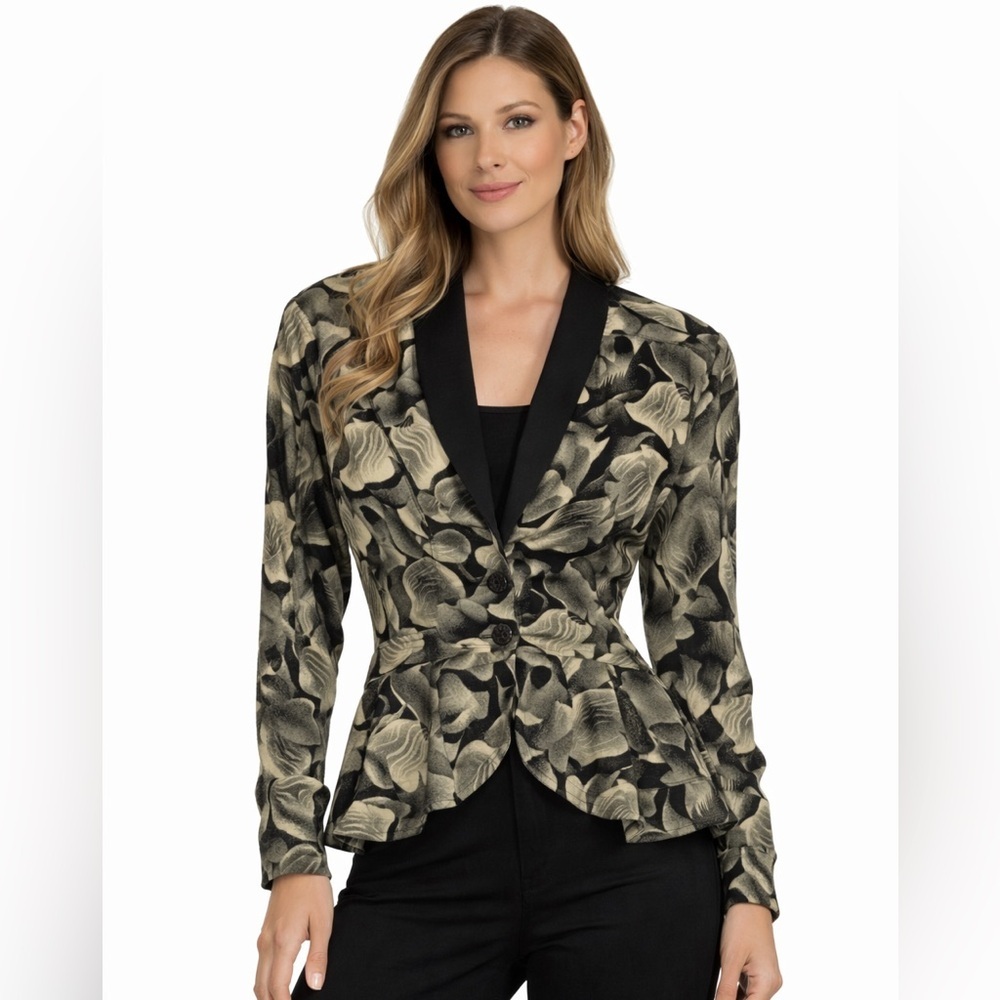 Vintage Rare Jean Claude Poitras Abstract Print Peplum Blazer 100% Viscose 80s
